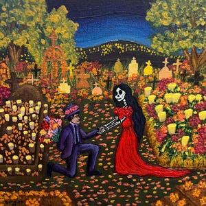 Amor Eterno – Dia de los Muertos Acrylic Painting | Man Expressing Love to Catrina in Flower Candlelit Cemetery – Mexican Folk Art 8”x8”