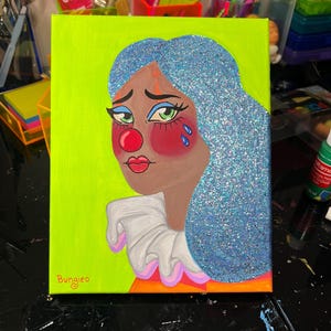 Crying Clown Girl Painting – 8”x10” Colorful Acrylic on Canvas – Glitter Pop Art Portrait – Original Hand-Painted Sad Clown Wall Art