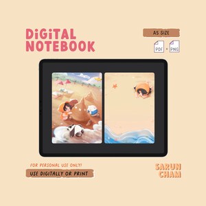 Puede incluir: Un cuaderno digital con dos páginas. La página izquierda presenta una ilustración de dibujos animados de una niña construyendo un castillo de arena en una playa con un oso panda. La página derecha está en blanco con una ilustración de dibujos animados de una niña acostada en la arena. El cuaderno está disponible en tamaño A5 en formato PDF y PNG. El texto "FOR PERSONAL USE ONLY! USE DIGITALLY OR PRINT" está en la parte inferior de la imagen. El texto "SARUN CHAM" está en la parte inferior derecha de la imagen.