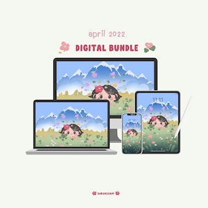 Pode incluir: Um pacote digital de quatro papéis de parede para desktop e telefone que mostram uma menina de desenho animado espiando de trás de um campo de flores e montanhas. O texto "april 2022 DIGITAL BUNDLE" está na parte superior da imagem.