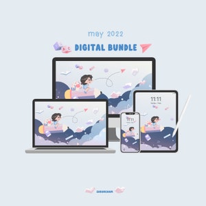 May include: A digital bundle of phone and computer wallpapers featuring a cartoon girl riding a pencil through a sky filled with clouds and books. The text "may 2022 DIGITAL BUNDLE" is at the top of the image.