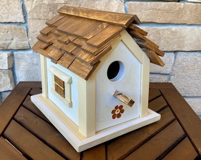 Decorative Country Style Birdhouse / Shingle Roof Birdhouse / Cottage Birdhouse / Floral Birdhouse / Artisan Made Garden Decor / Unique Gift