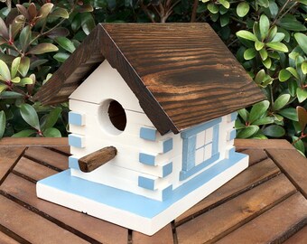 Hand Painted Cottage Style Birdhouse / Colorful Birdhouse / Handmade Blue Birdhouse / Artisan Made Garden Decor / Unique Patio Decor