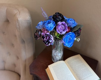 Dark &  Moody Paper Flowers | Gothic Floral Arrangement, Black Blue Purple Home Decor
