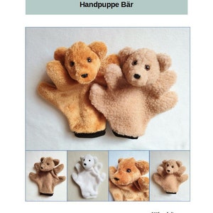 Peut inclure: Deux marionnettes à main en forme d'ours brun avec des yeux et des nez noirs. Les marionnettes sont faites d'un tissu doux et moelleux. Le texte "Handpuppe Bär" est en haut de l'image. Le texte "Nähnanleitung" est en bas de l'image. Le texte "Mit viel Liebe gemacht" est sous le texte "Nähnanleitung".