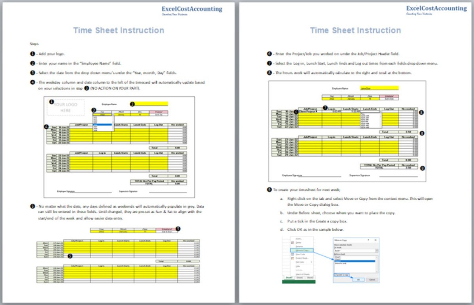 Bi-weekly Employee Timesheet Template (excel), With 2 Breaks - Etsy