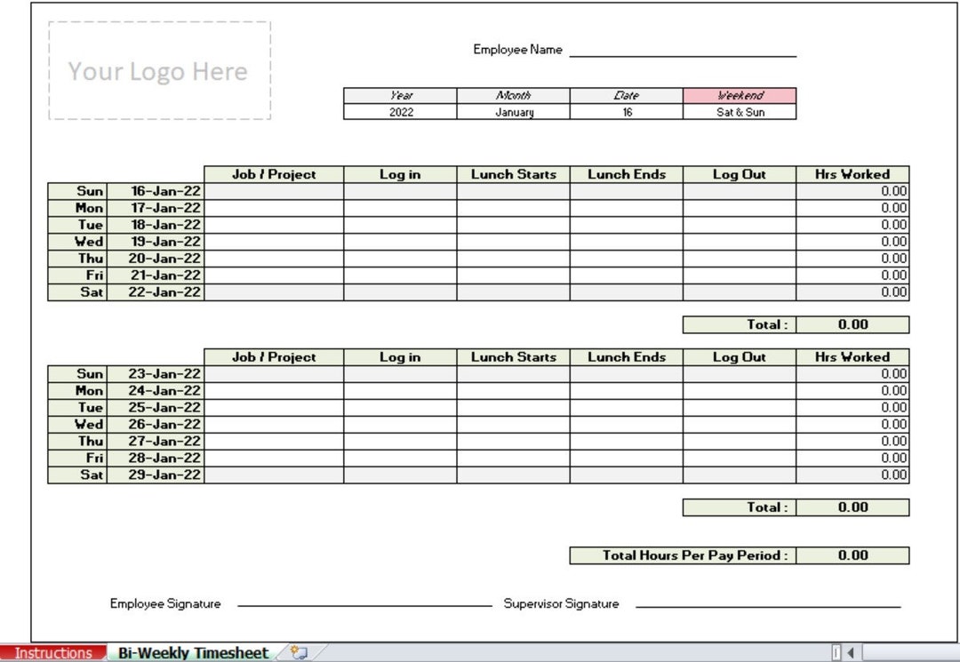 Bi Weekly Employee Timesheet Template Excel With Training Etsy Uk