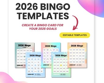 Modelli per il Bingo 2026 / Modelli divertenti per stabilire obiettivi per il nuovo anno / Modello Canva e PDF / File con download immediato