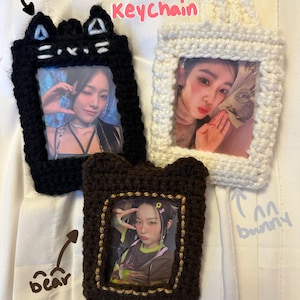 Porta-cartão de fotos de animais de crochê, chaveiro, suporte para pc, pingente de bolsa, acessório, kpop