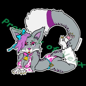 May include: A cartoon illustration of a gray and white furry creature with pink and purple accents wearing a pink and white cow print bikini and a blue bow. The creature has a bell around its neck and is lying on its side with its tail curled around its body. The image is surrounded by a white border.