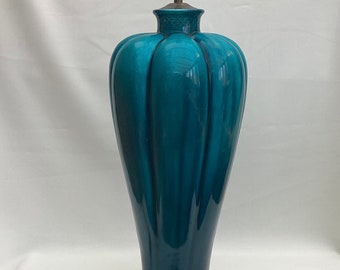 Rare Large Antique Chinese Deep Turquoise Glaze with Dark ArtDeco Vase Lamp. H.58cm