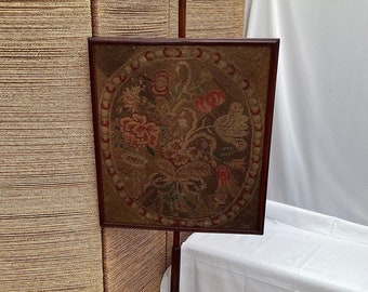 Antique Pole Screen, English 1800s Fireside Needlepoint, Tapestry