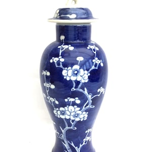 Antique Chinese Blue and White Prunus Blossom Vase with Lid