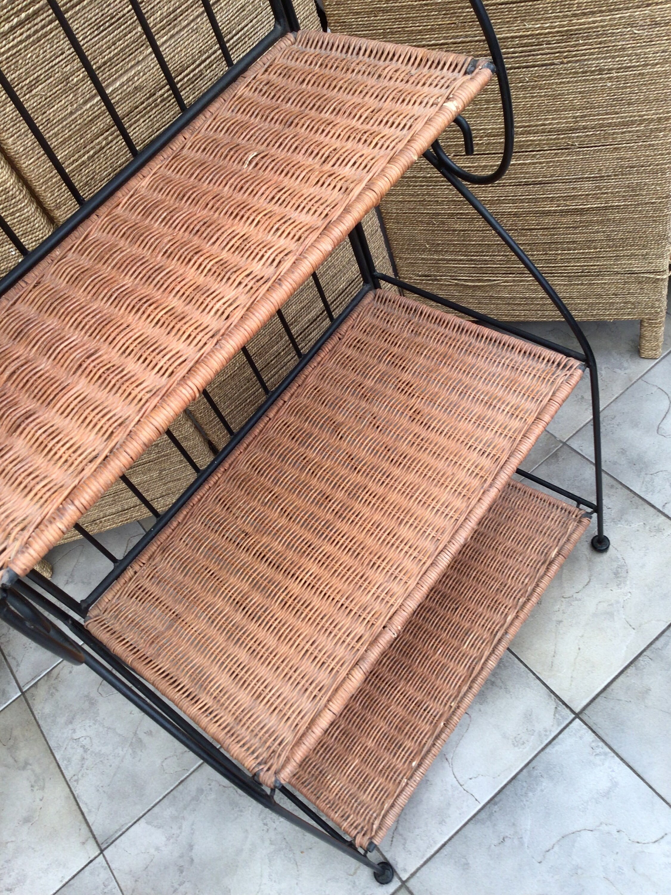 Midcentury Heavy Iron Wicker Waterfall Open Bookcase, Free