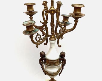 Louis XVI Style Gilt Bronze and White Marble Candelabra – Ornate Italian 5-Arm Candle Holder