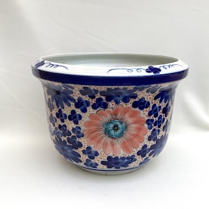 Grote vintage Chinese handgemaakte handgeschilderde keramische plantenpot plantenbak. D.32 cm