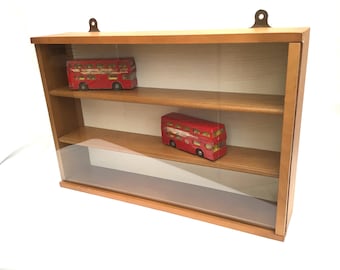 Vintage Teak Style Wood Glass Display Show Case, Wall Hanging Cabinet, Free Standing Miniature Show Case