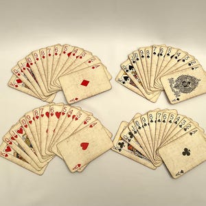 May include: Four fanned decks of playing cards with a vintage aesthetic. Each deck displays a variety of suits and numbers, including hearts, diamonds, clubs, and spades. The cards have a worn, aged appearance.