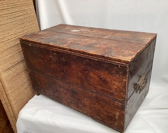 Antique Vintage Rustic Pine Small Trunk Coffee Table on Wheels, Storage Box. Width. 61cm