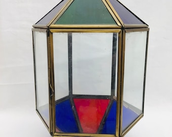 Vintage Stained Glass Brass Frame Lantern, Lampshade, Light shade