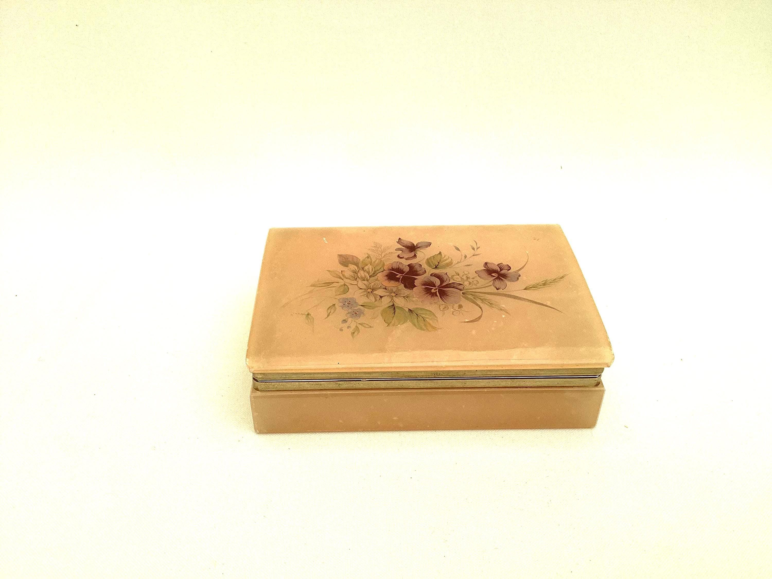 Vintage Hand Carved Genuine Alabaster Jewelry Box, Made in