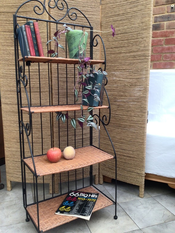 Midcentury Heavy Iron Wicker Waterfall Open Bookcase Free Standing Floor Shelf Etsy