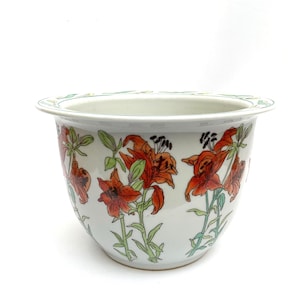 Jardinera vintage china de porcelana pintada a mano. Diámetro: 23,5 cm.