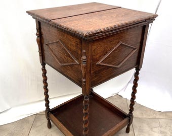 Antique English Victorian Art Decor Barley Twist Oak Sewing Box.  Sewing Table.  H. 68cm