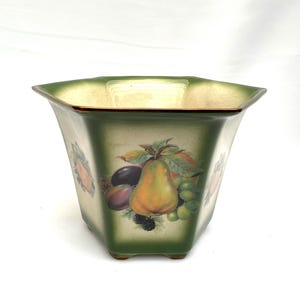 May include: A square, green ceramic planter with a fruit design. The planter features a light beige background with illustrations of pears, plums, grapes, and blackberries. The rim is a darker green with a brown trim.