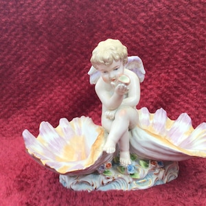 Antique German Porcelain Figurine: Shell Angel, Early 20th Century