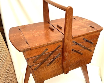 Vintage Wooden Sewing Box. Middle Century Wooden Multi Tier Sewing Box.  L. 54cm