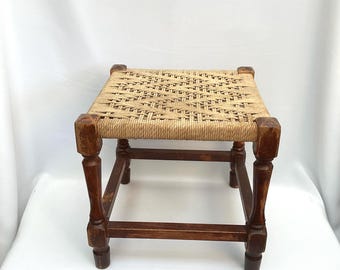 Vintage Wooden and Woven Footstool. Lower Stool. Footrest