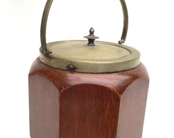 Antique English Oak Biscuit Barrel Storage Pot with Porcelain Inner