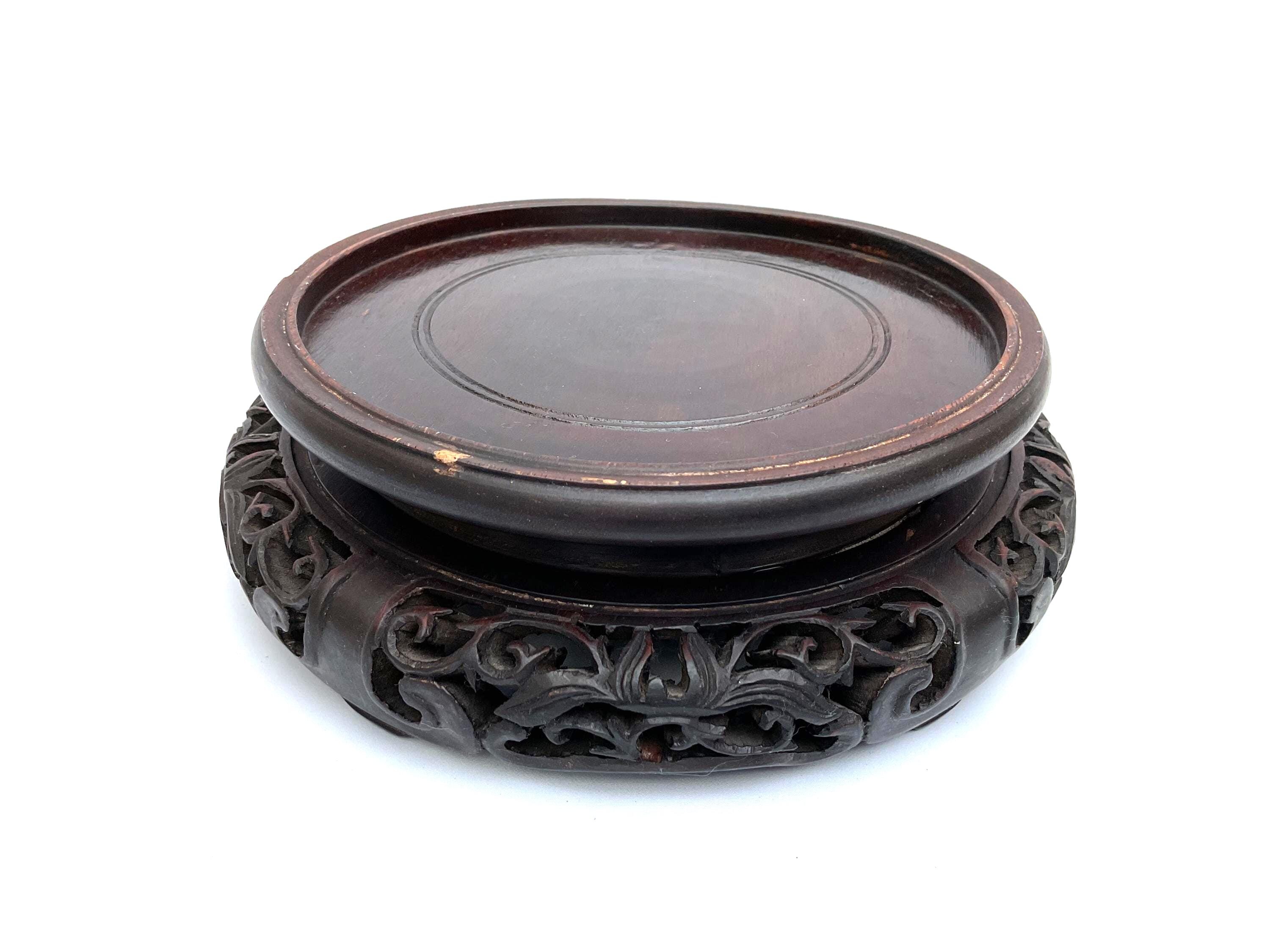 Antique Handcrafted Wood Display Stand: Oriental Vase/bowl Base (D