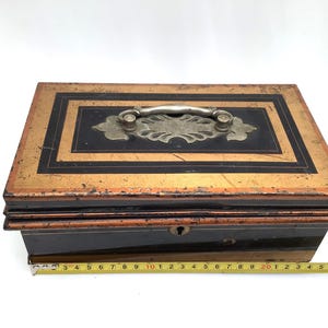 Large Antique Victorian English Metal Cash Box, Money Safe Box, 26cm length, no key