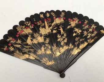 Antique Chinese Hand Painted Gold Lacquer Fan, Foldable Brise Fan