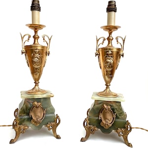 Two Vintage Handcrafted Art-Decor Gilt Metal Marble/Onyx Table Lamps.  H. 44cm