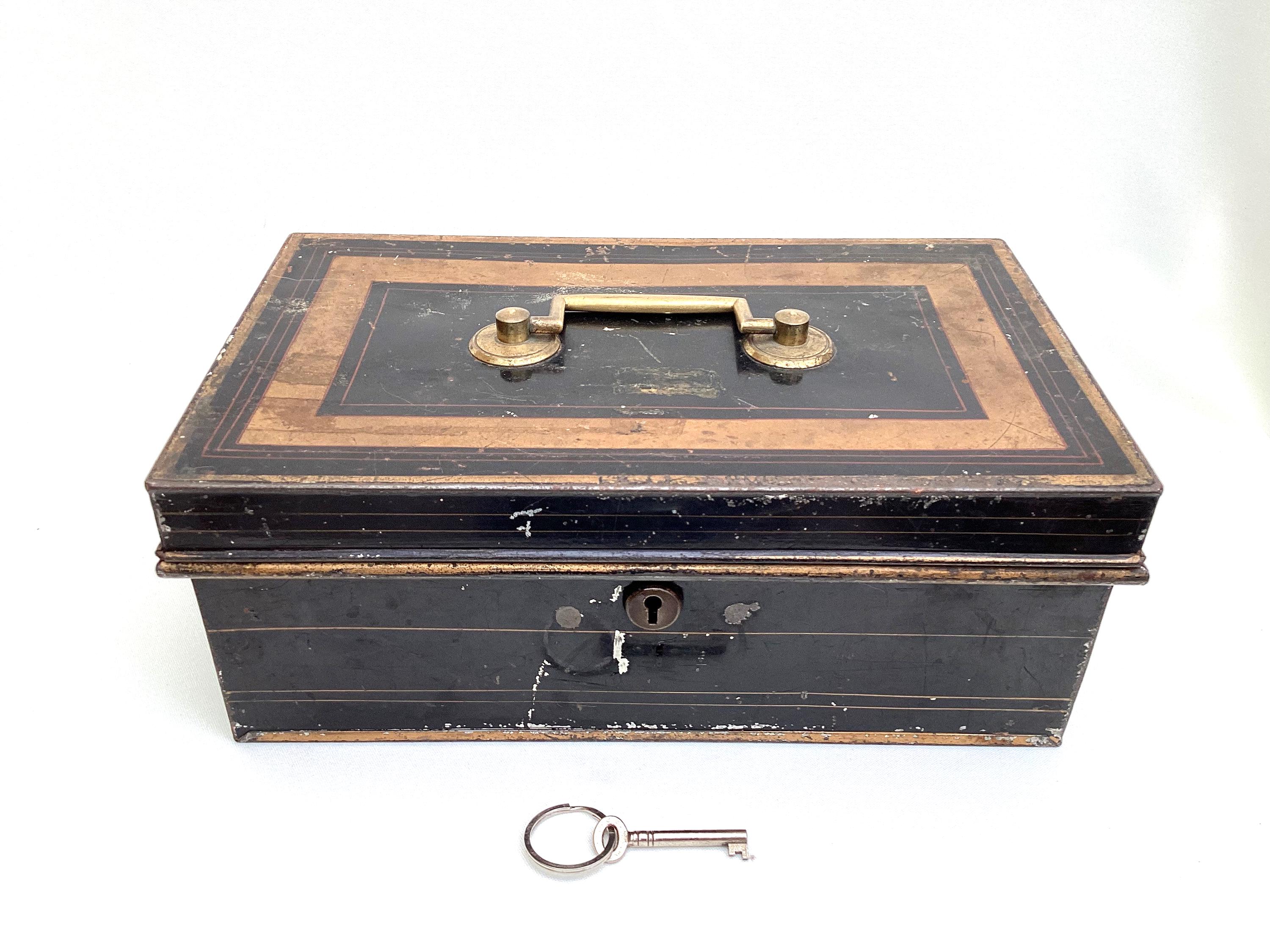 Large Antique Two Tier Metal Cash Box With Key - Early 20th