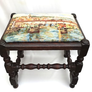 Beautiful Vintage Early/mid Century English Textile Top and Oak  Lower Stool, Footstool.  H. 39 cm