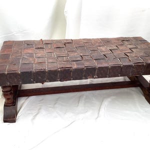 Antique Woven Leather Top Oak Bench - 19th Century Footstool