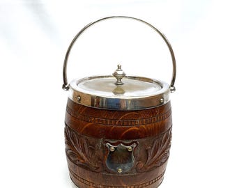 Carved Oak & Silver Plate Ice Bucket - Early 20th Century English Biscuit Barrel