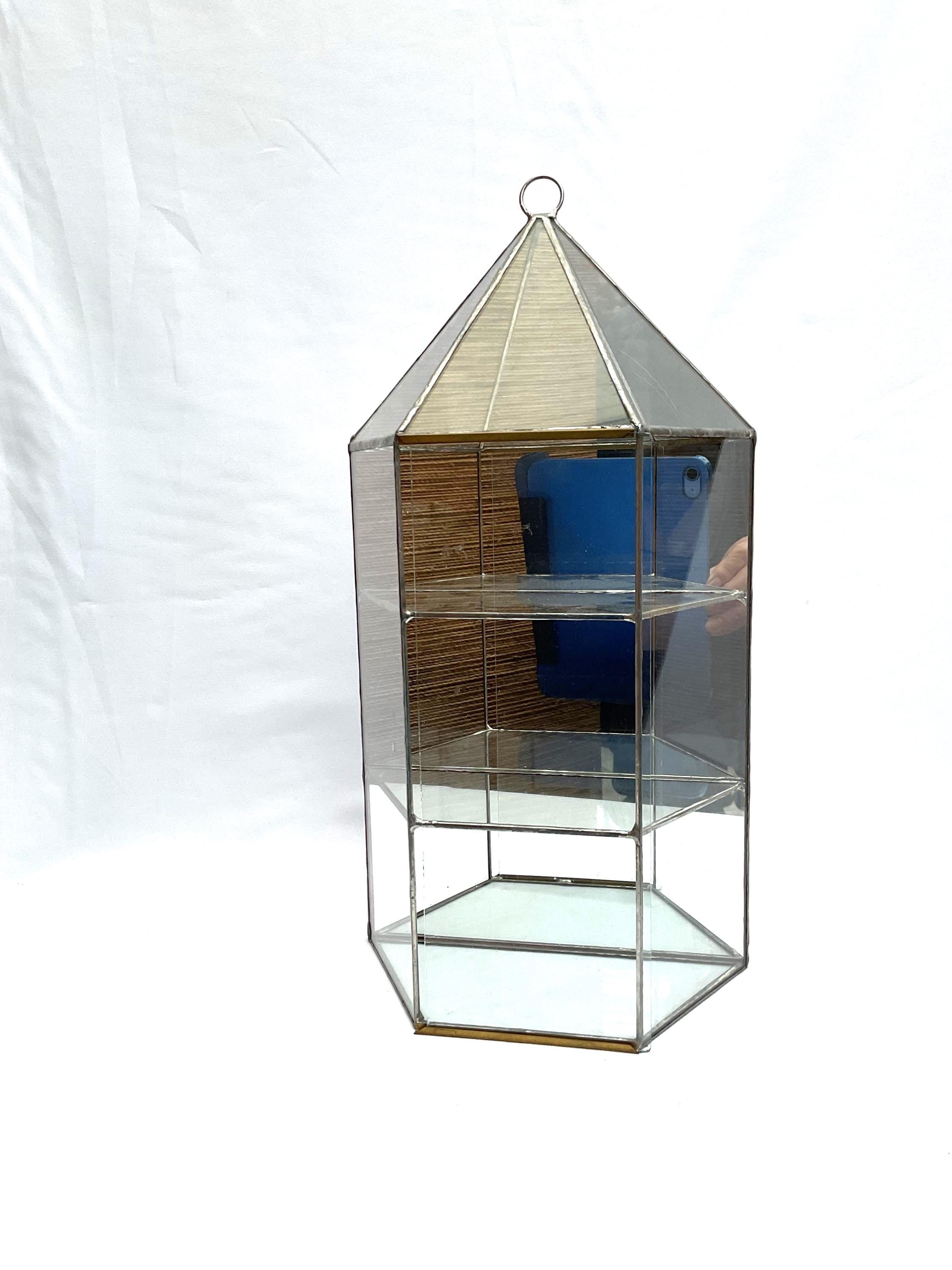 Mid Century Vintage Glass Mirror and Pewter Frame Slide Door Miniature Display Cabinet.  Table Display Show Case Cabinet.