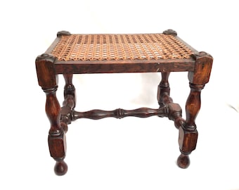 Antiker englischer Edwardian Oak Wicker Fußhocker, Fußstütze