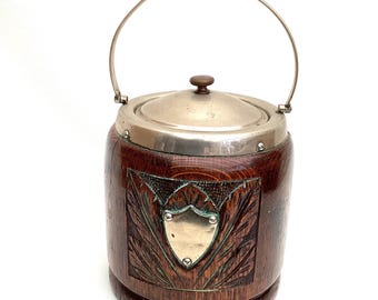 Carved Oak Biscuit Barrel: Silver Plated Lid, Porcelain Liner - 1920s English Storage