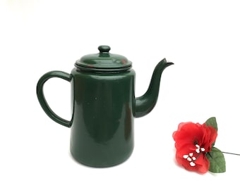 Early 20th Century Antique Vintage Green Enamel Teapot Kettle, Coffee Pot