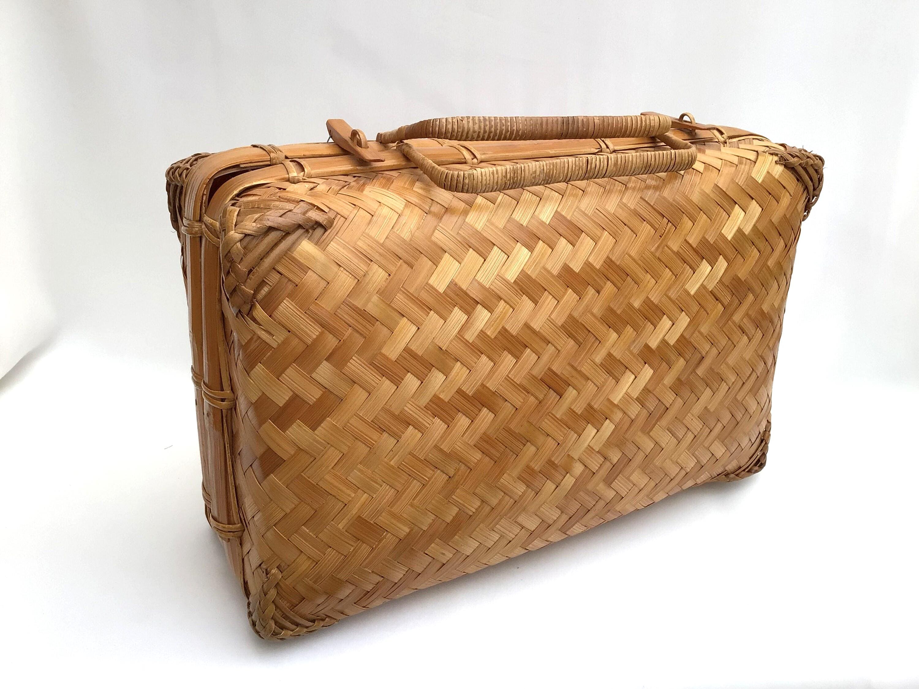 Sac à Main Vintage Pochette En Bambou Tiki Osier - Doublure Soie, Style MOD Milieu Du Siècle