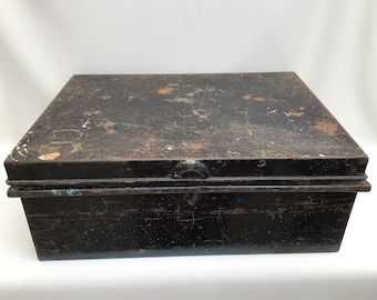 Vintage Black Metal Small Trunk, Storage Box, Length. 43cm.