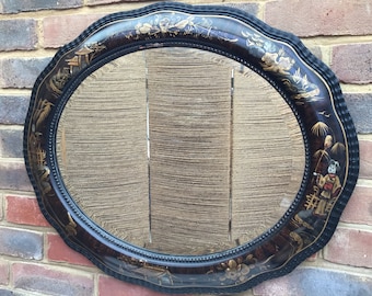 Victorian Chinoiserie Bevelled Mirror, Painted Black Lacquer Frame Oval Mirror