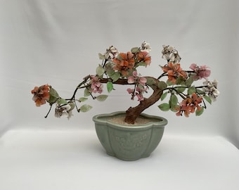 大型ヴィンテージガラス製花柄盆栽オーナメント。幅40cm