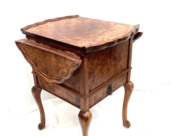 Antique Burr Walnut Dropflap English Sewing Box. Sewing Box Table